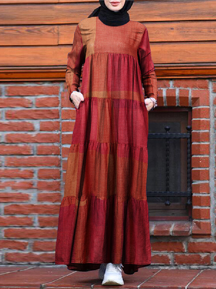 Kaftan Tunic Plaid Print Back Zipper Long Sleeve Maxi Layered Women Maxi Dress Maxi Dresses - Tophatter Daily Deals