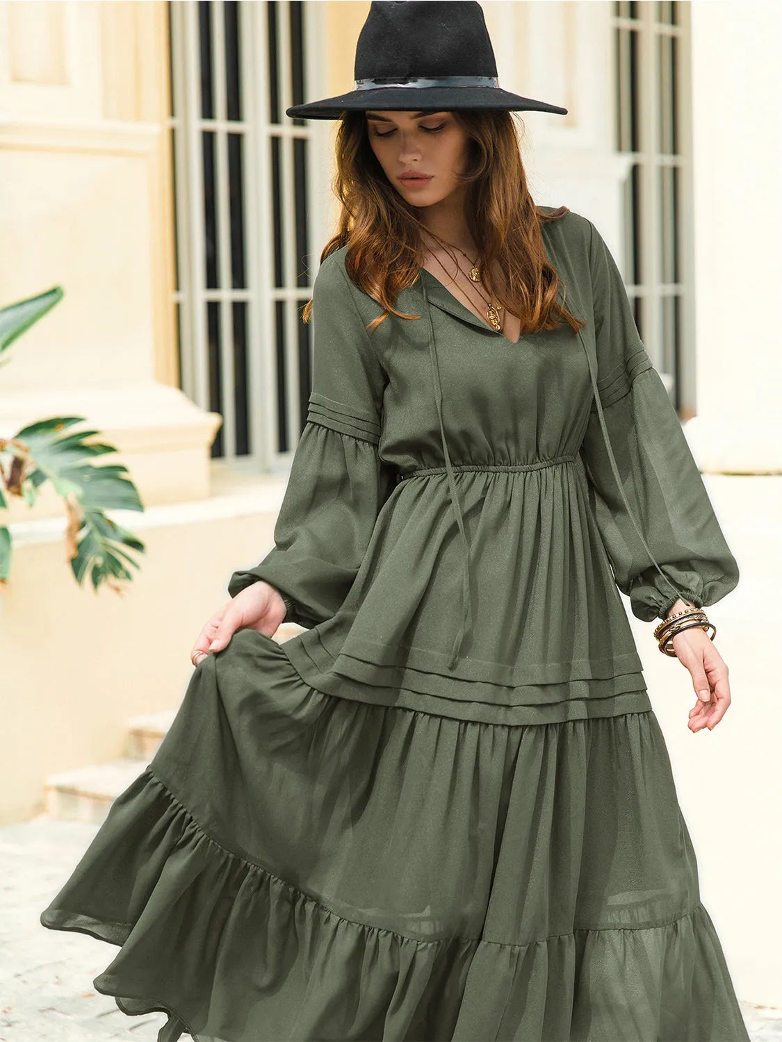 Tie Neck Long Sleeve Midi Tiered Dress Army Green Casual Dresses - Tophatter Daily Deals