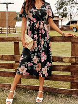 Tied Floral Surplice Short Sleeve Dress Casual Dresses - Tophatter Daily Deals