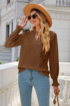 Eyelet Notched Lantern Sleeve T-Shirt Caramel Women's T-Shirts - Tophatter Daily Deals