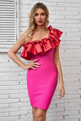 Ruffled One-Shoulder Bodycon Dress Hot Pink Cocktail Dresses - Tophatter Daily Deals