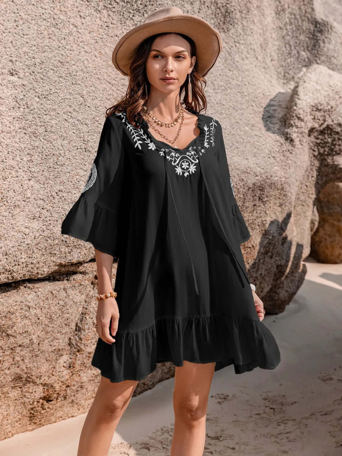 Printed Tie Neck Flounce Sleeve Mini Dress Black Casual Dresses - Tophatter Daily Deals