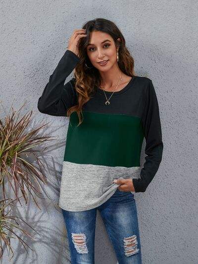 Color Block Round Neck Long Sleeve T-Shirt Green Women's T-Shirts - Tophatter Daily Deals