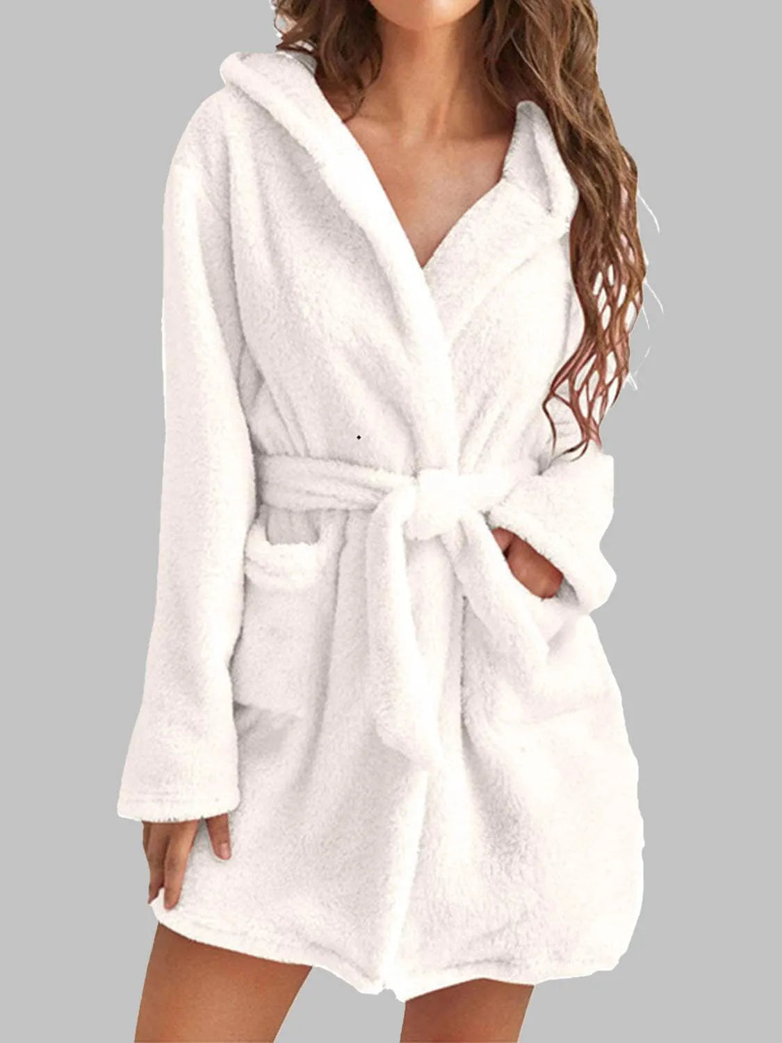 Tie Waist Hooded Robe White Sleep Dresses - Tophatter Daily Deals