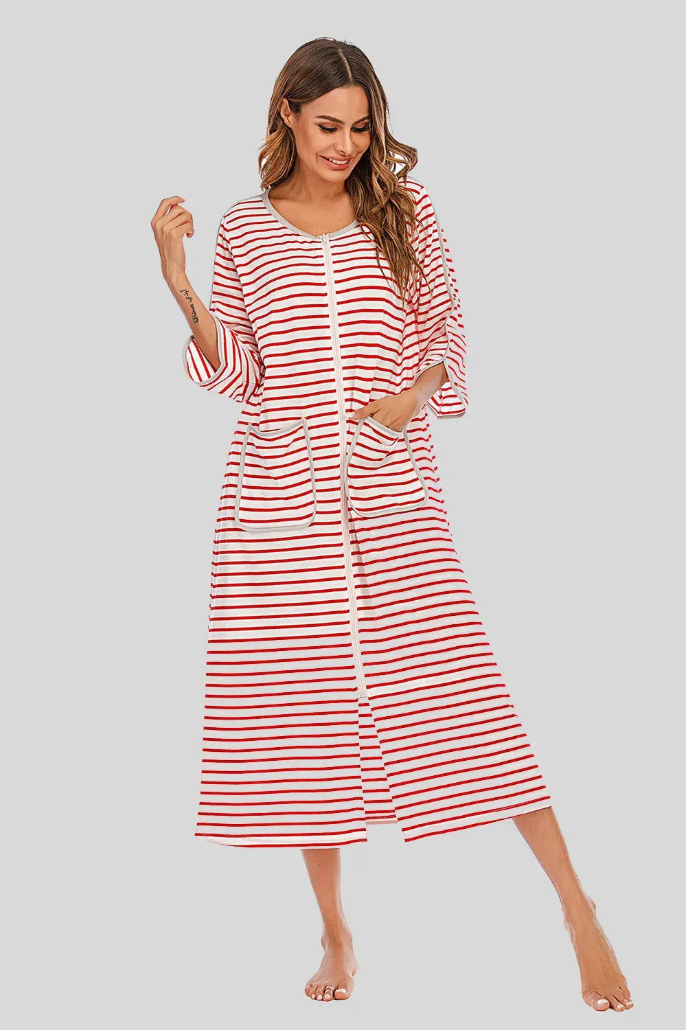 Round Neck Three-Quarter Sleeve Midi Night Dress Sleep Dresses - Tophatter Daily Deals