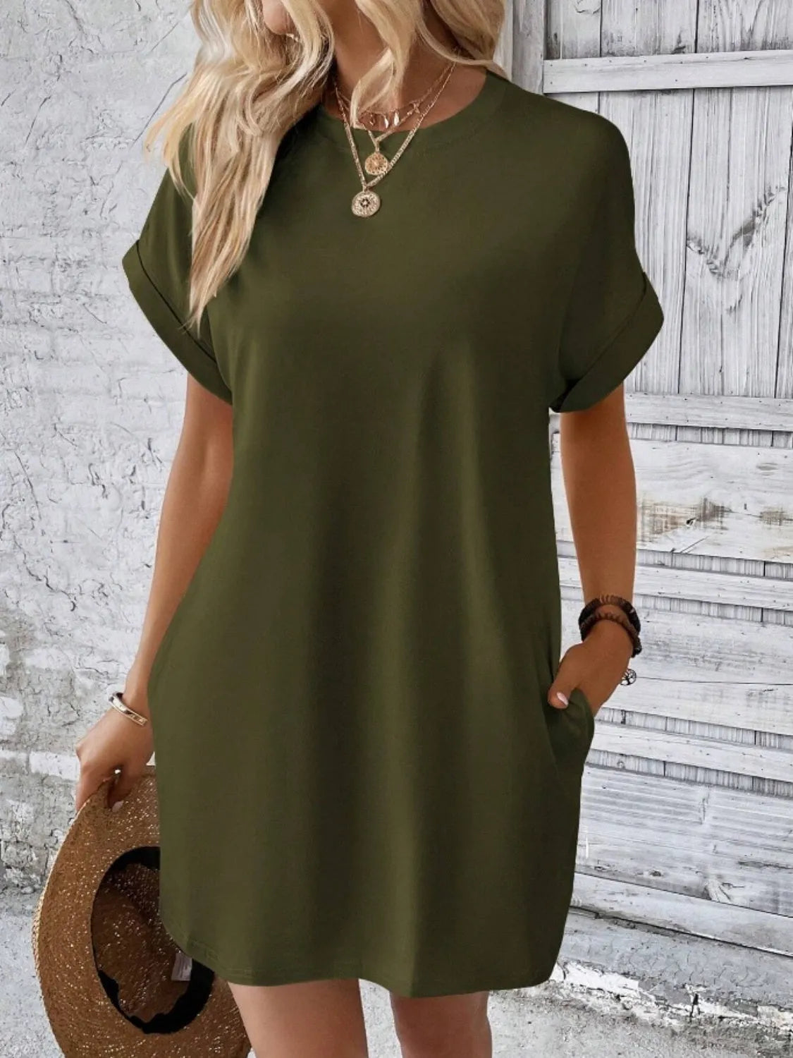 Pocketed Round Neck Short Sleeve Dress Casual Dresses - Tophatter Daily Deals