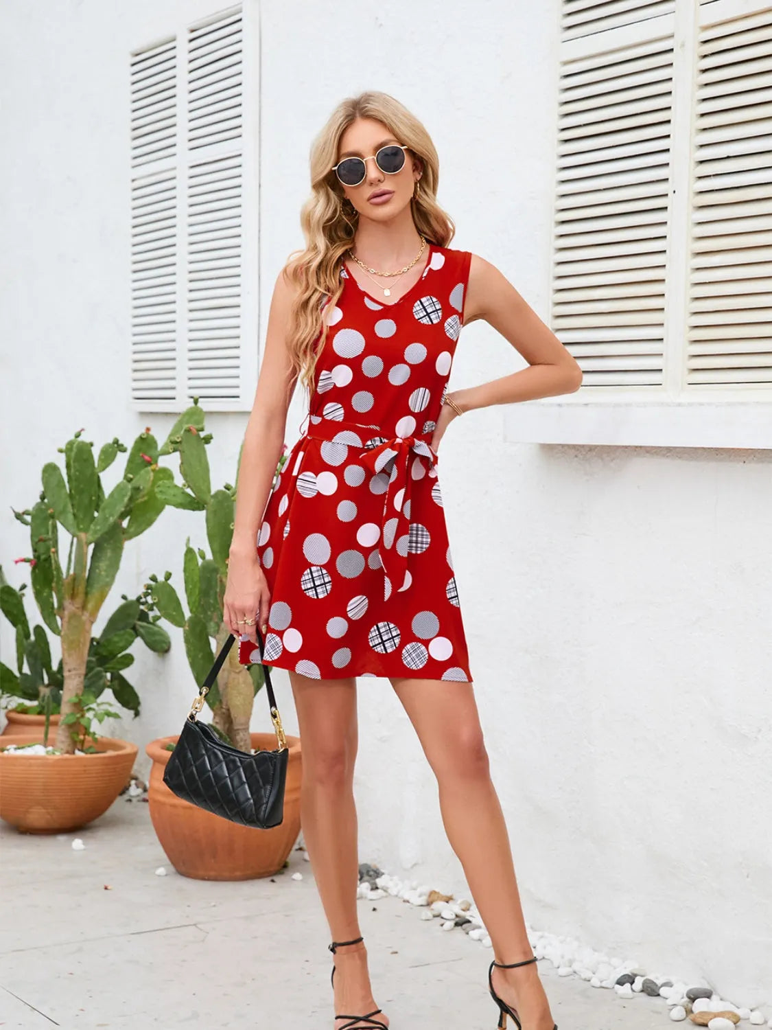 Tied Polka Dot V-Neck Dress Casual Dresses - Tophatter Daily Deals