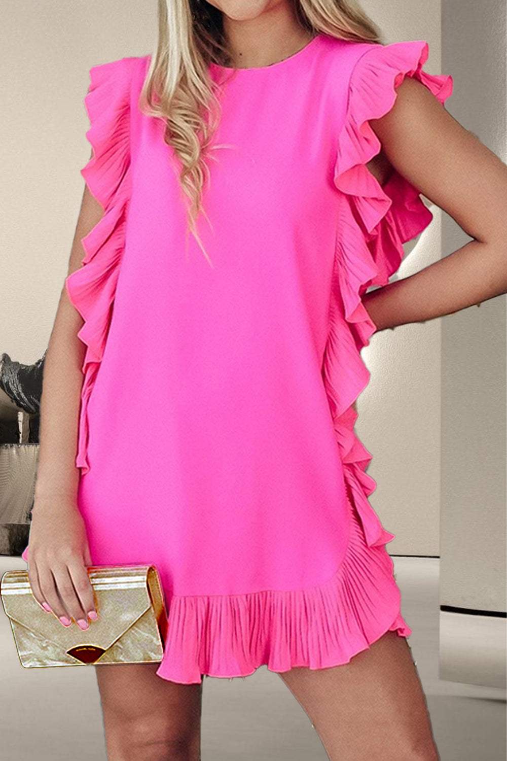 Ruffled Round Neck Cap Sleeve Mini Dress Hot Pink Casual Dresses - Tophatter Daily Deals