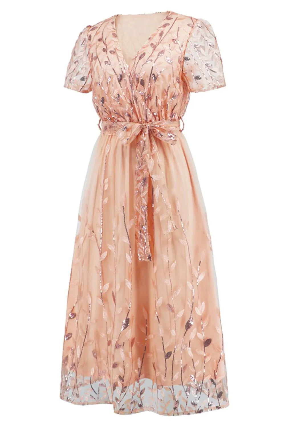 Sequin Leaf Embroidery Tie Front Short Sleeve Dress Cocktail Dresses - Tophatter Daily Deals