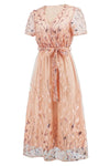 Sequin Leaf Embroidery Tie Front Short Sleeve Dress Cocktail Dresses - Tophatter Daily Deals