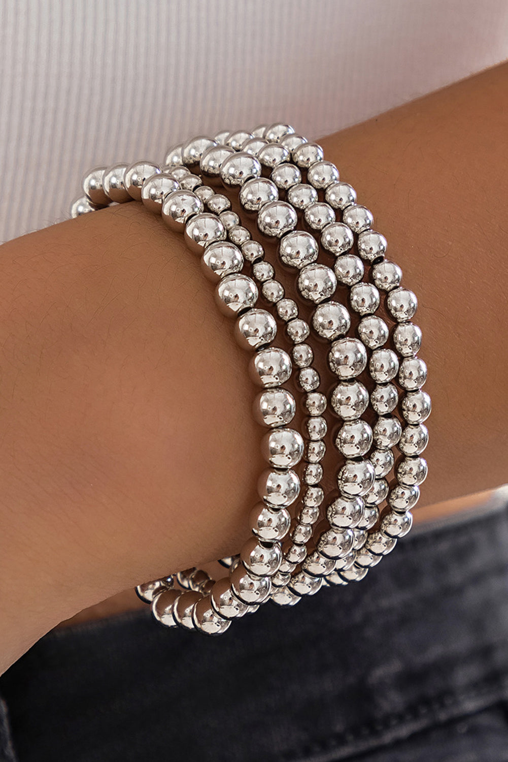 Silvery 5pcs Solid Color Beaded Bracelet Set Silvery ONE SIZE Alloy Bracelets - Tophatter Daily Deals