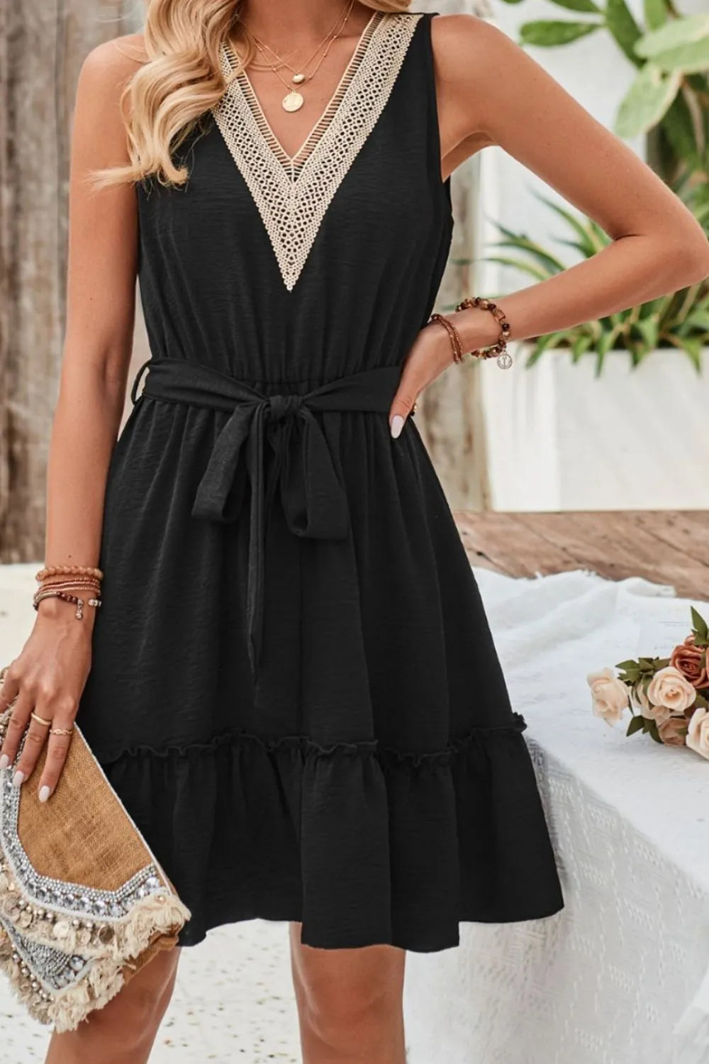 Tied Frill Sleeveless Mini Dress Casual Dresses - Tophatter Daily Deals