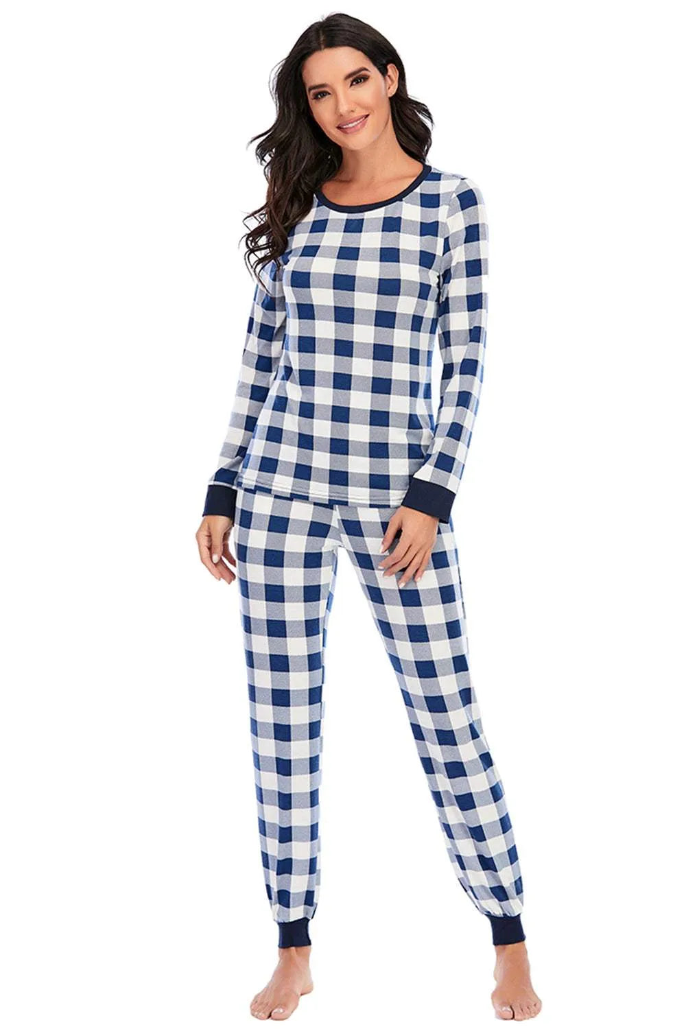Plaid Round Neck Top and Pants Set Loungewear Sets - Tophatter Daily Deals