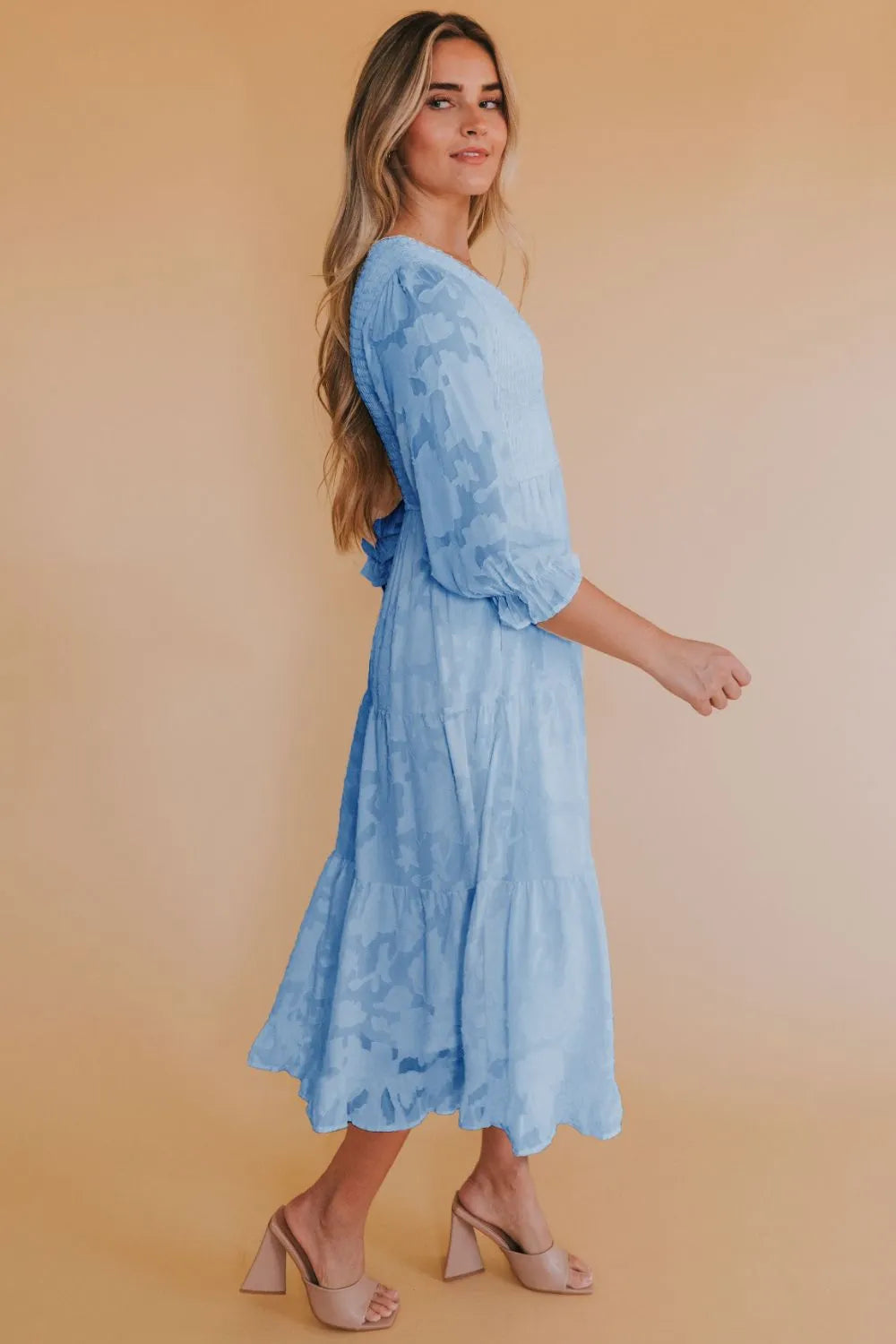 Smocked V-Neck Flounce Sleeve Dress Casual Dresses - Tophatter Daily Deals