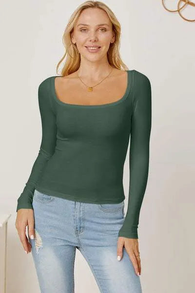 Square Neck Long Sleeve T-Shirt Green Women's T-Shirts - Tophatter Daily Deals