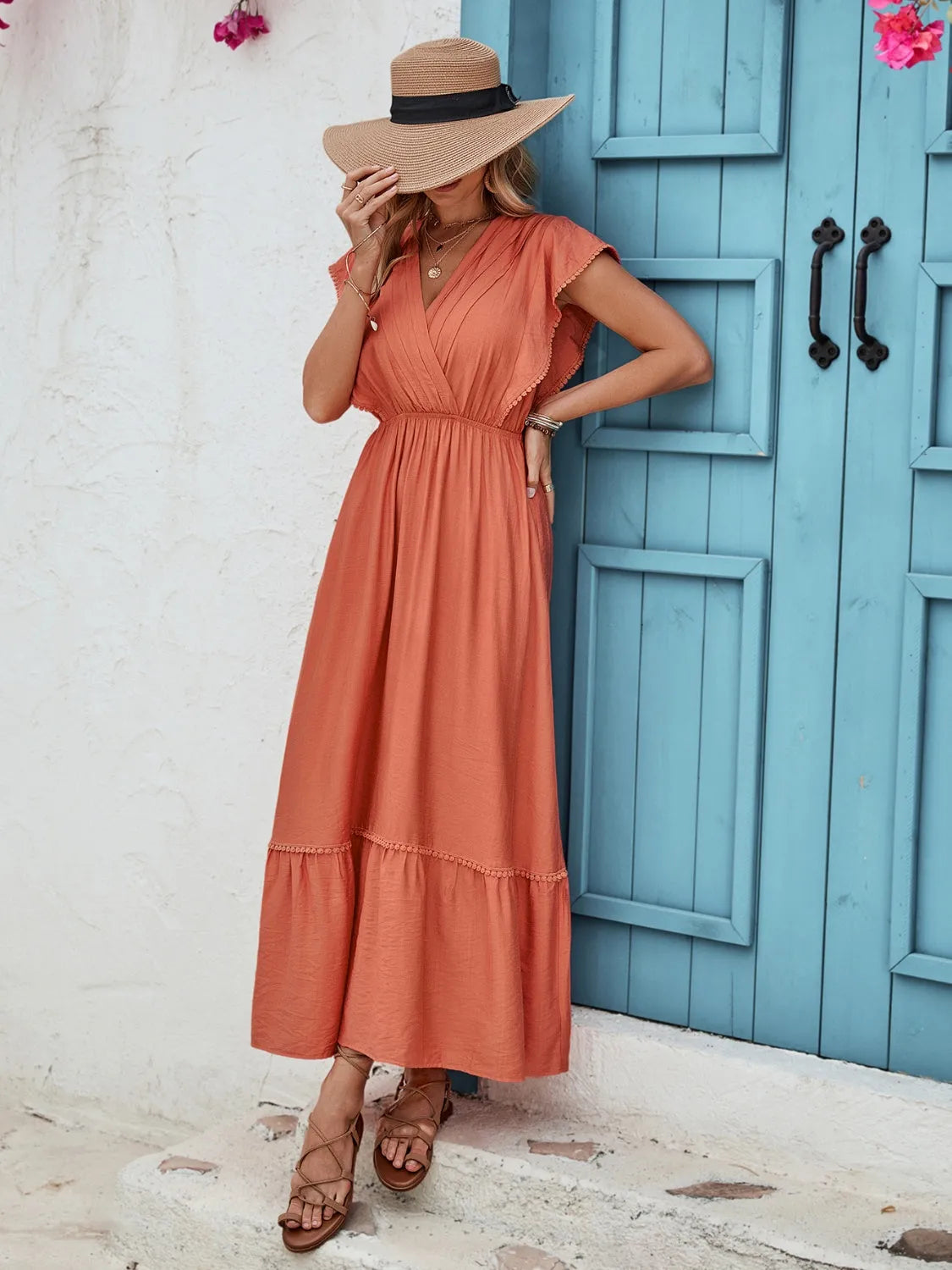 Ruffled Surplice Cap Sleeve Dress Casual Dresses - Tophatter Daily Deals