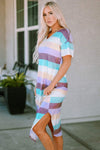 Striped V-Neck Curved Hem Midi Dress Casual Dresses - Tophatter Daily Deals