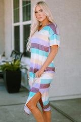 Striped V-Neck Curved Hem Midi Dress Casual Dresses - Tophatter Daily Deals