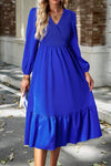 Smocked Surplice Long Sleeve Midi Dress Royal Blue Casual Dresses - Tophatter Daily Deals