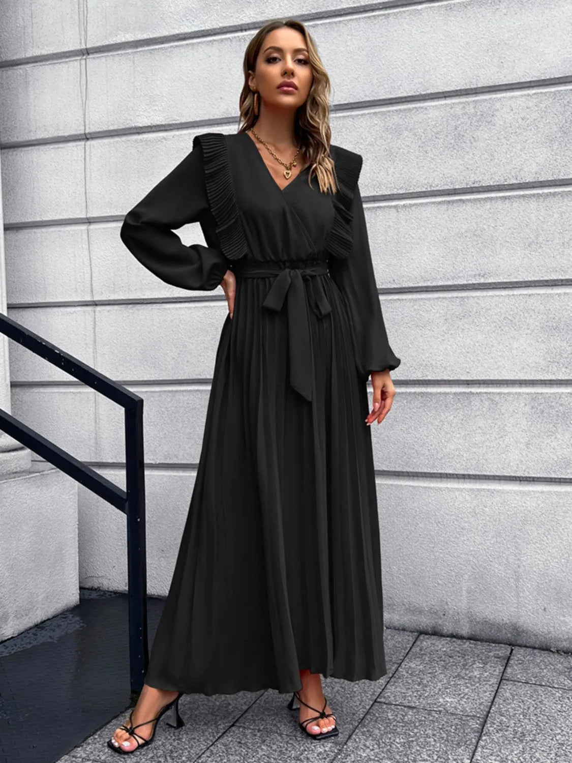 Pleated Surplice Tie Waist Maxi Dress Casual Dresses - Tophatter Daily Deals