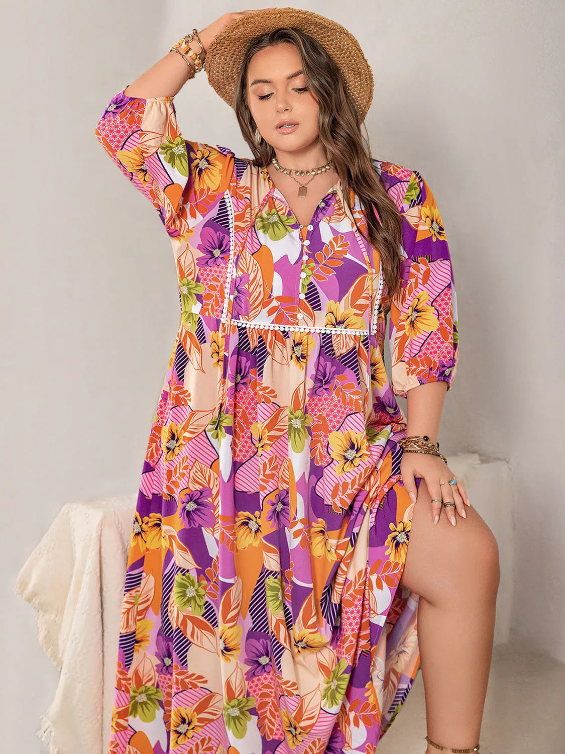 Plus Size Printed Tie Neck Maxi Dress Casual Dresses - Tophatter Daily Deals