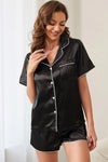 Contrast Trim Short Sleeve Shirt and Shorts Pajama Set Black Loungewear Sets - Tophatter Daily Deals