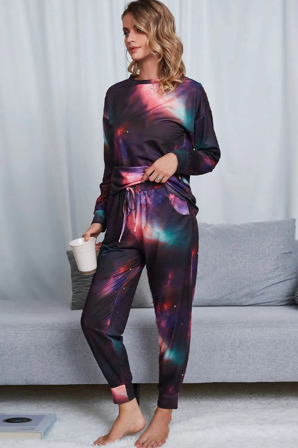 Tie-Dye Crewneck Top and Drawstring Waist Joggers Lounge Set Loungewear Sets - Tophatter Daily Deals