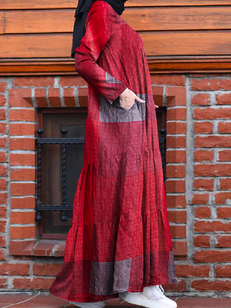 Kaftan Tunic Plaid Print Back Zipper Long Sleeve Maxi Layered Women Maxi Dress Maxi Dresses - Tophatter Daily Deals