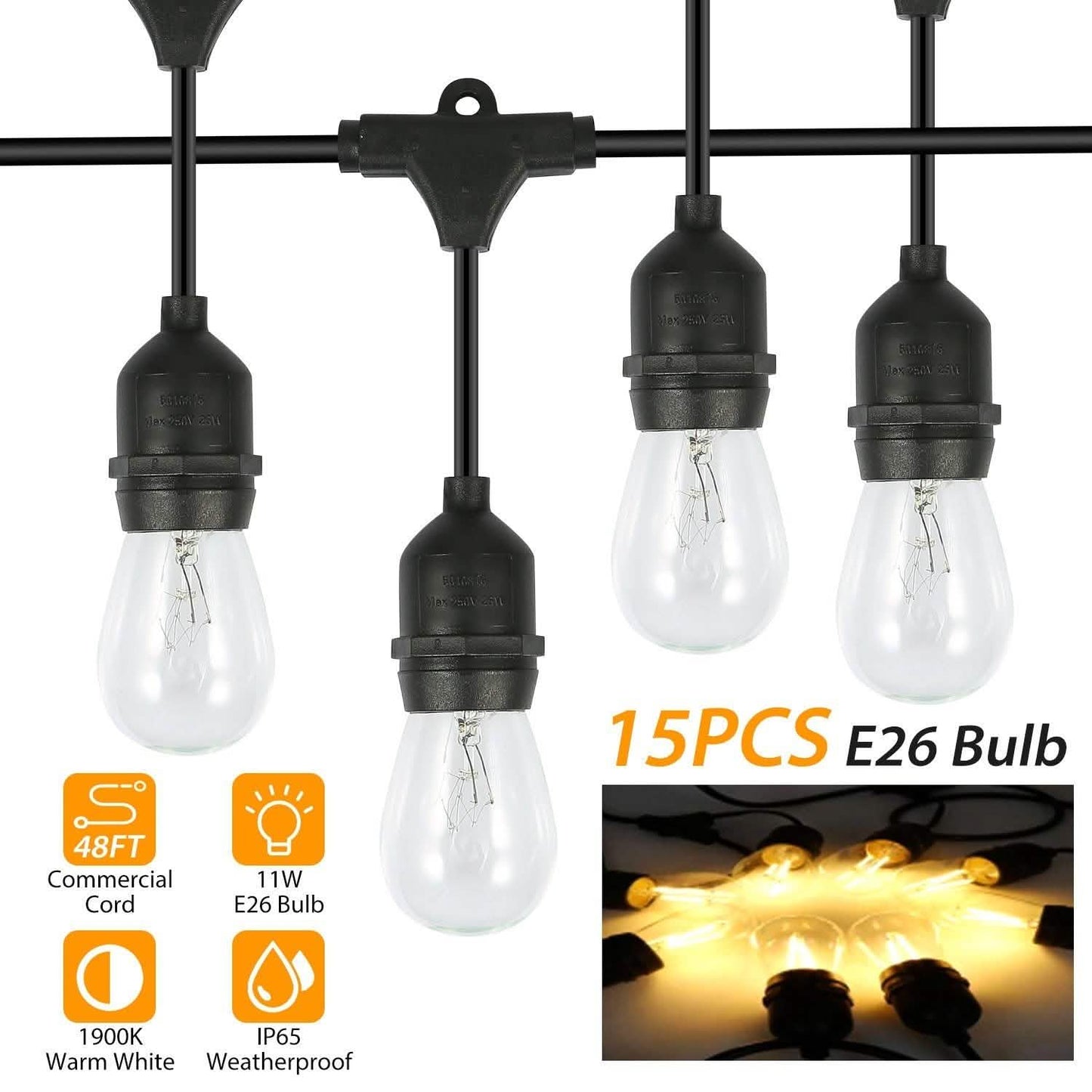 48ft Outdoor String Light Waterproof Patio String Lights Bulbs String & Fairy Lights - Tophatter Daily Deals