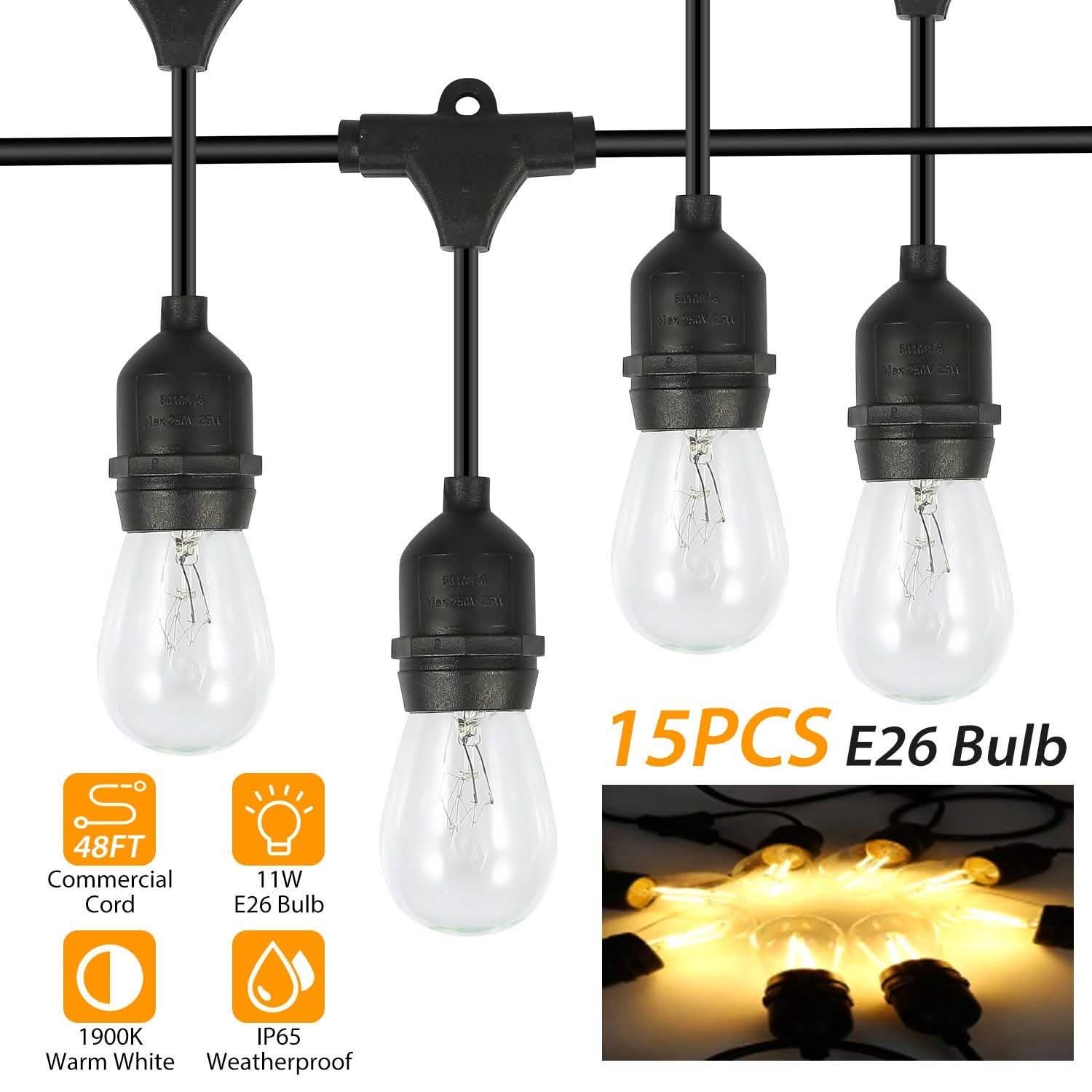 48ft Outdoor String Light Waterproof Patio String Lights Bulbs String & Fairy Lights - Tophatter Daily Deals