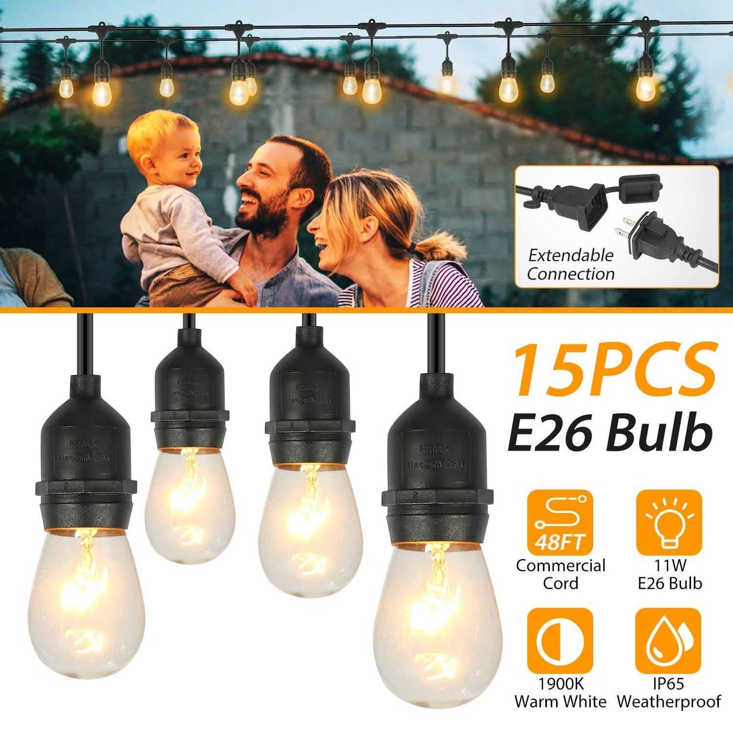 48ft Outdoor String Light Waterproof Patio String Lights Bulbs String & Fairy Lights - Tophatter Daily Deals