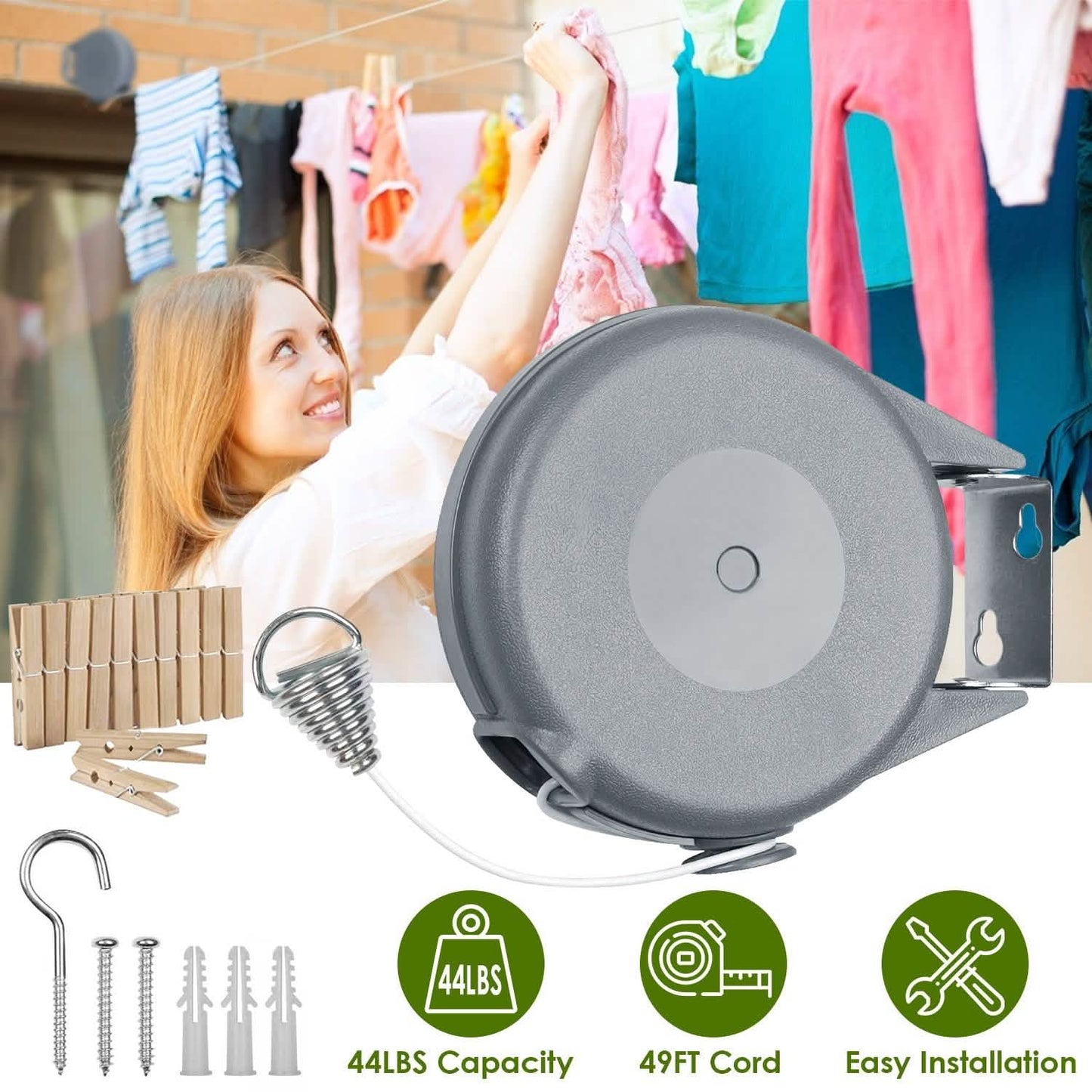 49 Ft. Retractable Clothesline Rope Storage & Organization - Tophatter Daily Deals