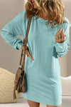 Striped Round Neck Long Sleeve Mini Dress Teal Casual Dresses - Tophatter Daily Deals