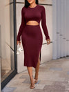 Textured Cutout Long Sleeve Slit Dress Wine Cocktail Dresses - Tophatter Daily Deals