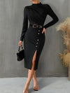 Slit Mock Neck Long Sleeve Midi Dress Black Casual Dresses - Tophatter Daily Deals