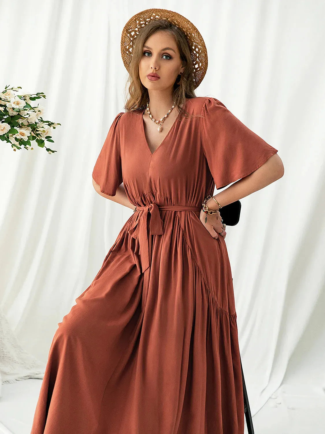 Plus Size V-Neck Flutter Sleeve Midi Dress Casual Dresses - Tophatter Daily Deals