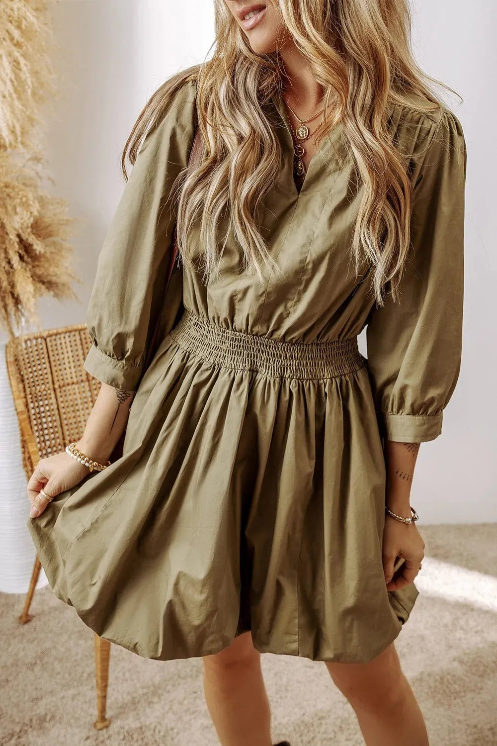 Johnny Collar Three-Quarter Sleeve Dress Khaki Casual Dresses - Tophatter Daily Deals