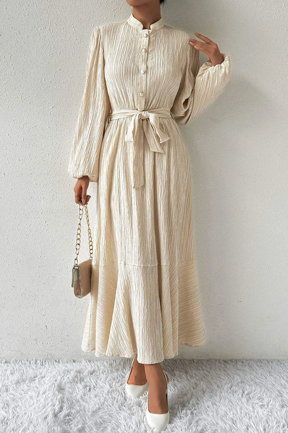 Tied Button Up Balloon Sleeve Dress Casual Dresses - Tophatter Daily Deals