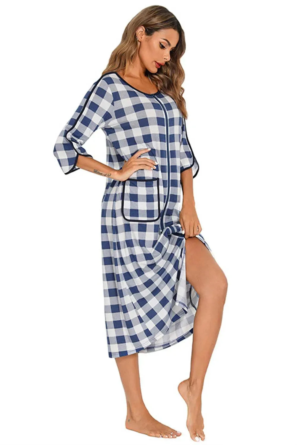 Round Neck Three-Quarter Sleeve Midi Night Dress Sleep Dresses - Tophatter Daily Deals