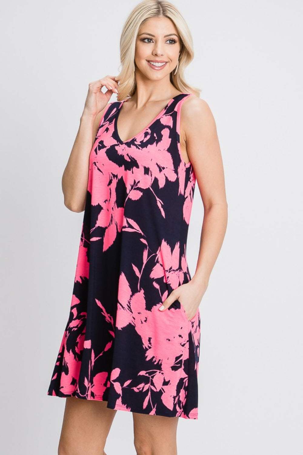 Heimish Full Size Floral V-Neck Tank Dress with Pockets Casual Dresses - Tophatter Daily Deals