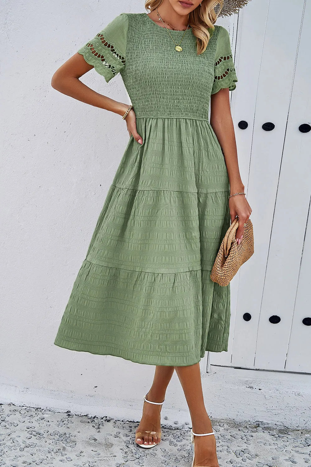 Smocked Round Neck Short Sleeve Midi Dress Casual Dresses - Tophatter Daily Deals