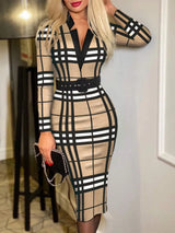 Printed Notched Long Sleeve Wrap Dress Tan Casual Dresses - Tophatter Daily Deals