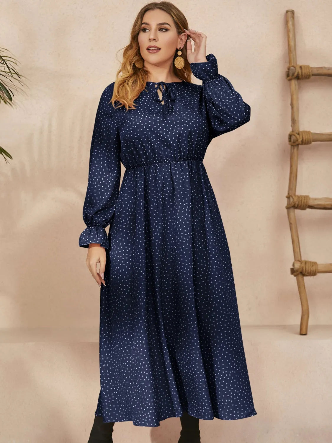 Plus Size Ruffled Polka Dot Long Sleeve Midi Dress Navy Casual Dresses - Tophatter Daily Deals