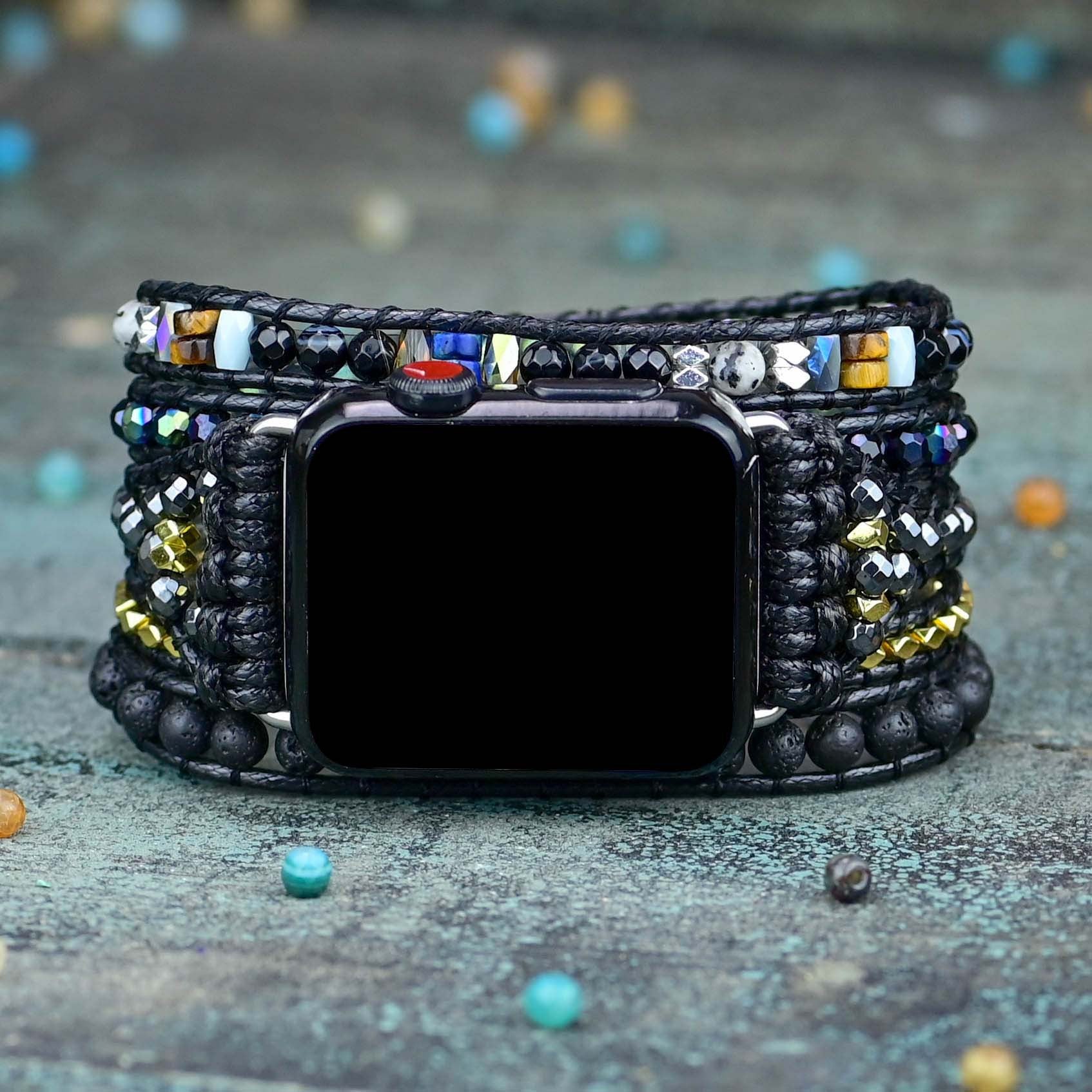 Black Retro Woven Watch Band Natural Stone Bead Strap Bracelet 0 - Tophatter Daily Deals