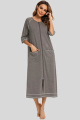 Zip Up Slit Round Neck Night Dress with Pockets Charcoal Sleep Dresses - Tophatter Daily Deals