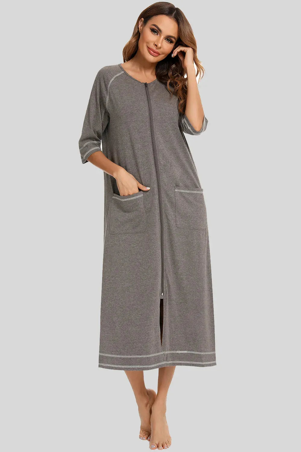 Zip Up Slit Round Neck Night Dress with Pockets Sleep Dresses - Tophatter Daily Deals