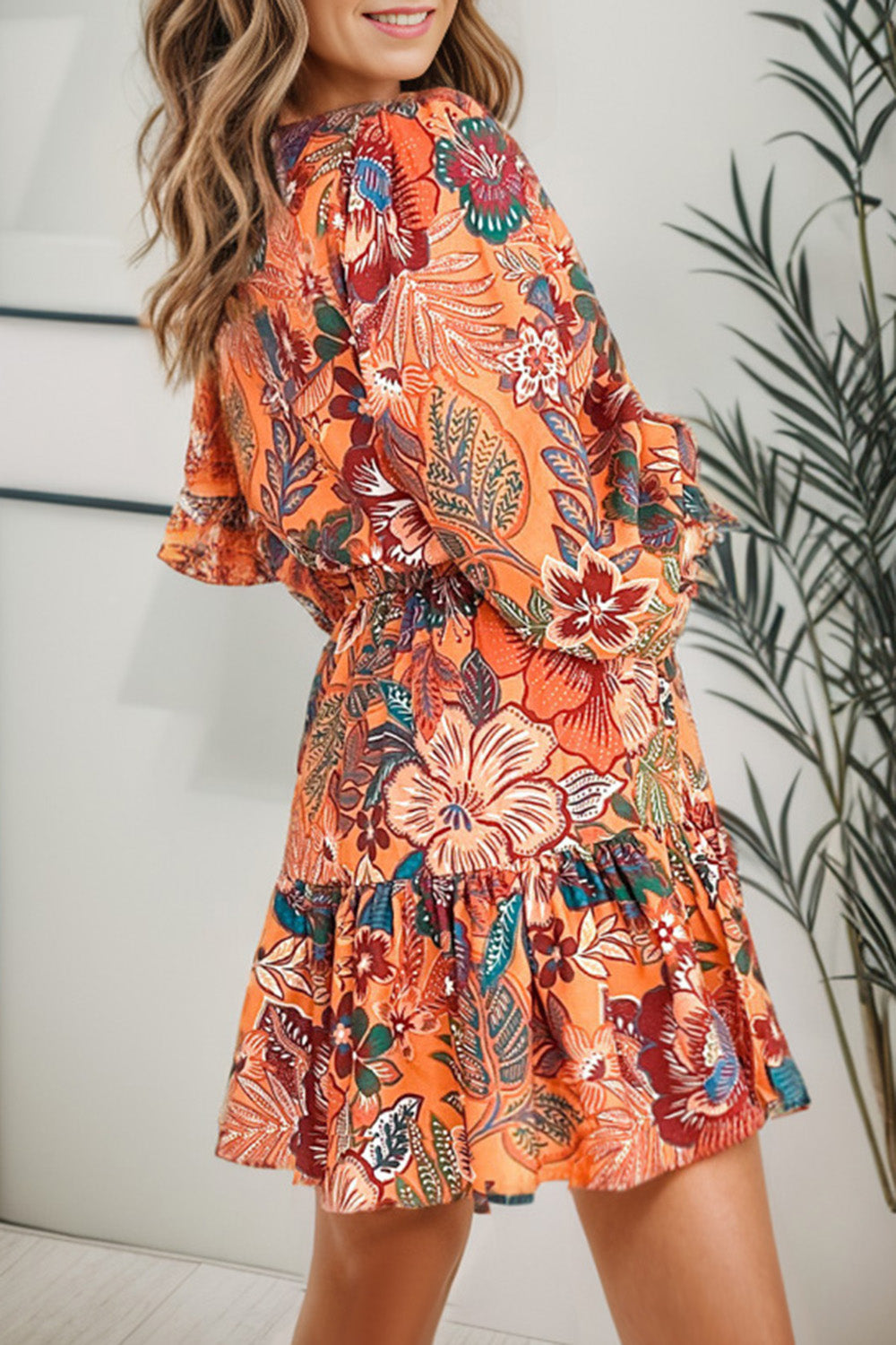 Tropical Print Tie Waist Lantern Sleeve Mini Dress - Tophatter Deals and Online Shopping - Electronics, Jewelry, Beauty, Health, Gadgets, Fashion - Tophatter's Discounts & Offers - tophatters - tophatters.co