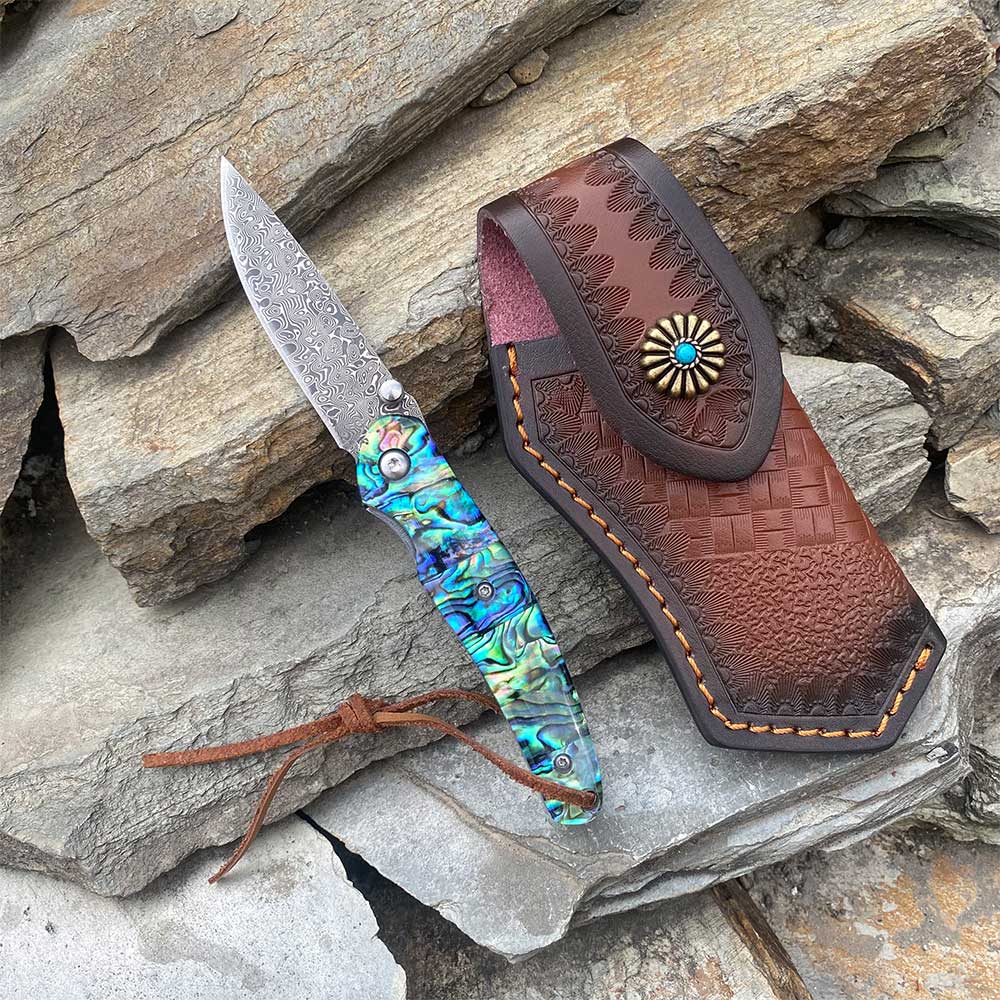 Damascus Knife Handmade Colored Folding Knife Knife & Case A - Tophatter Daily Deals
