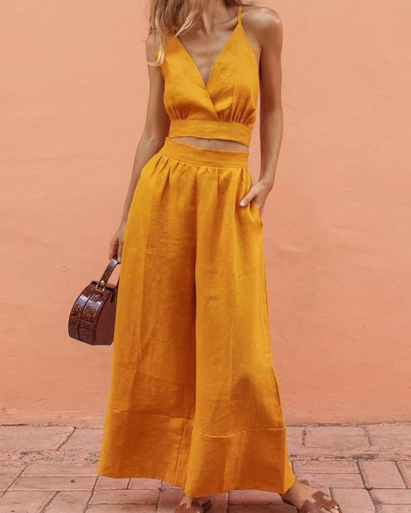 Lace-up Crop Tank Long Pants Sets Yellow Two Pieces Sets - Tophatter Daily Deals