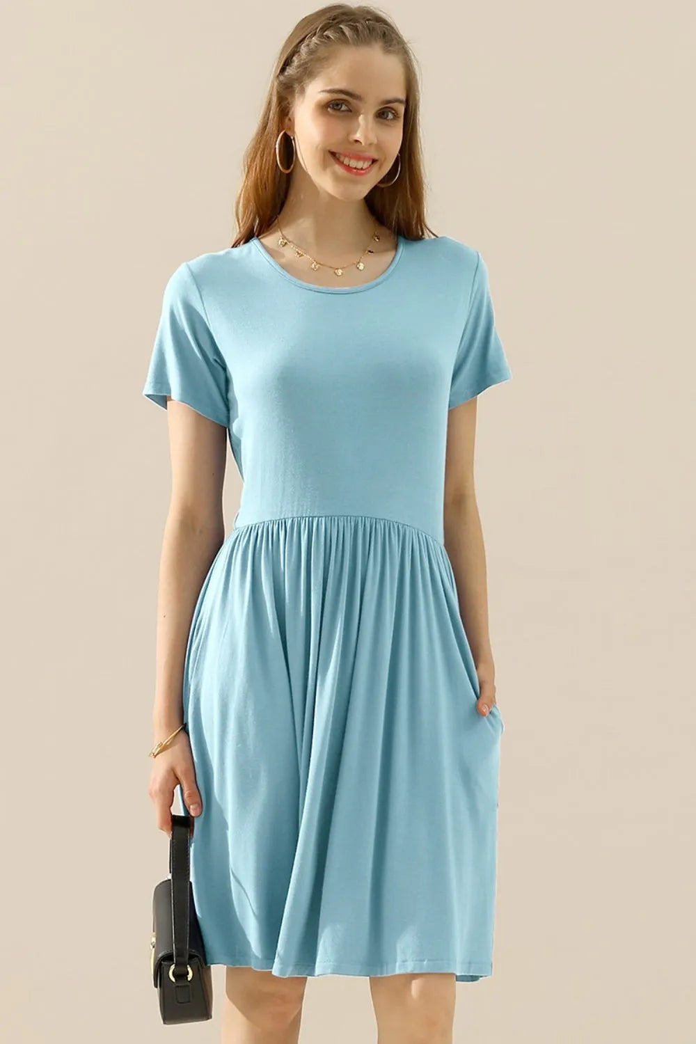 Ninexis Full Size Round Neck Ruched Dress with Pockets LT BLUE Cocktail Dresses - Tophatter Daily Deals